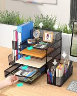 VIVSOL Desk Organizer with Mesh File Holder, 4-Tier Office Supplies Desk Organizers and Accessories with Sliding Drawers, 3 Trays & Pen Holder, Desk File Organizer and Storage for Office, School, Home - Image 2